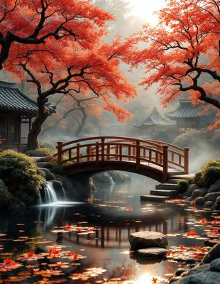 The primary subject of the image is a wooden bridge with a red arch, surrounded by a serene environment. The bridge is located in a park with a pond nearby, and there are trees in the background. The visual style of the image is a painting, which adds to the overall atmosphere of the scene. The colors and mood of the image are predominantly red, which creates a warm and inviting ambiance.